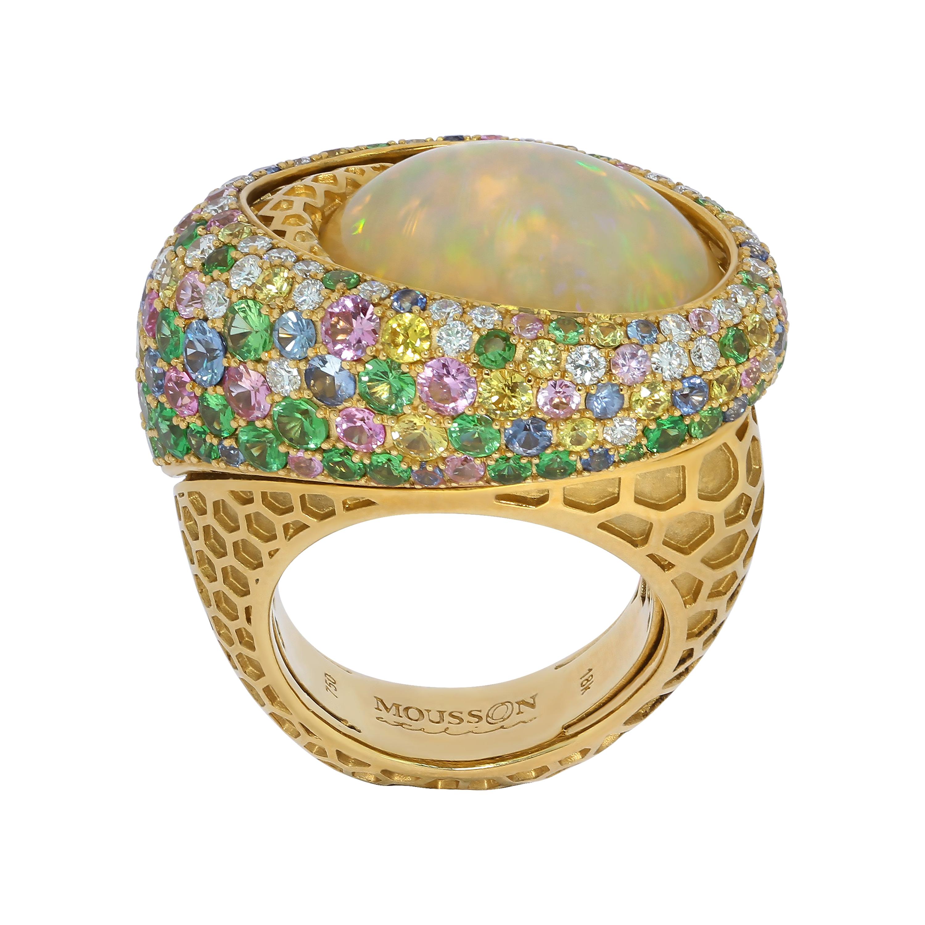18 Karat Gelbgold Wabenförmiger Ring mit Opal 9,14 Karat Diamanten und Saphir