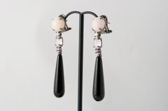 Opal, Agate, Coral and Diamond Black Gold Chandelier Earrings