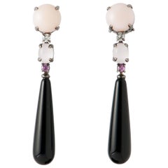 Opal, Agate, Coral and Diamond Black Gold Chandelier Earrings