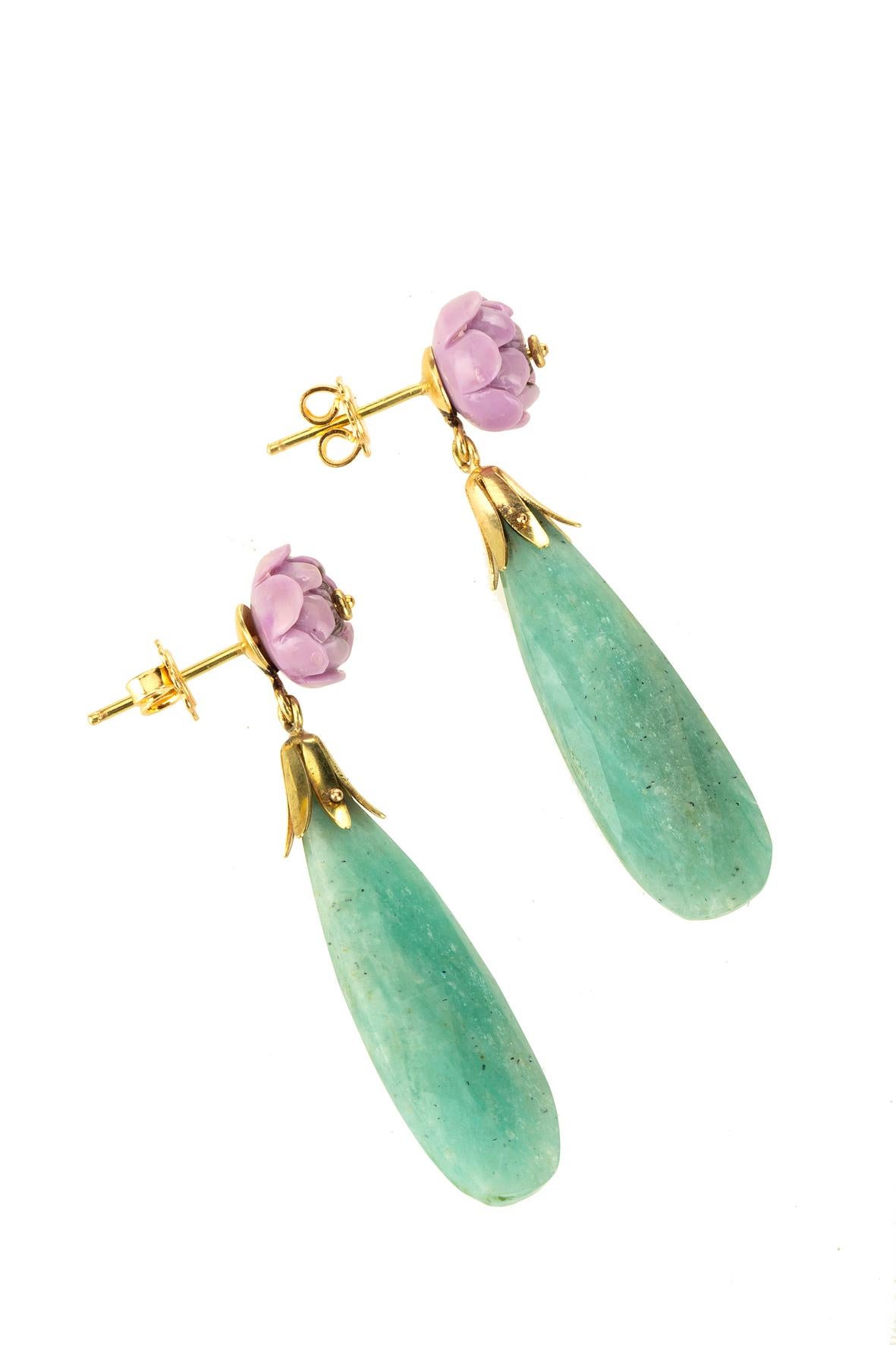 Artisan Opal Amazzonite 18 Karat Gold Earrings For Sale