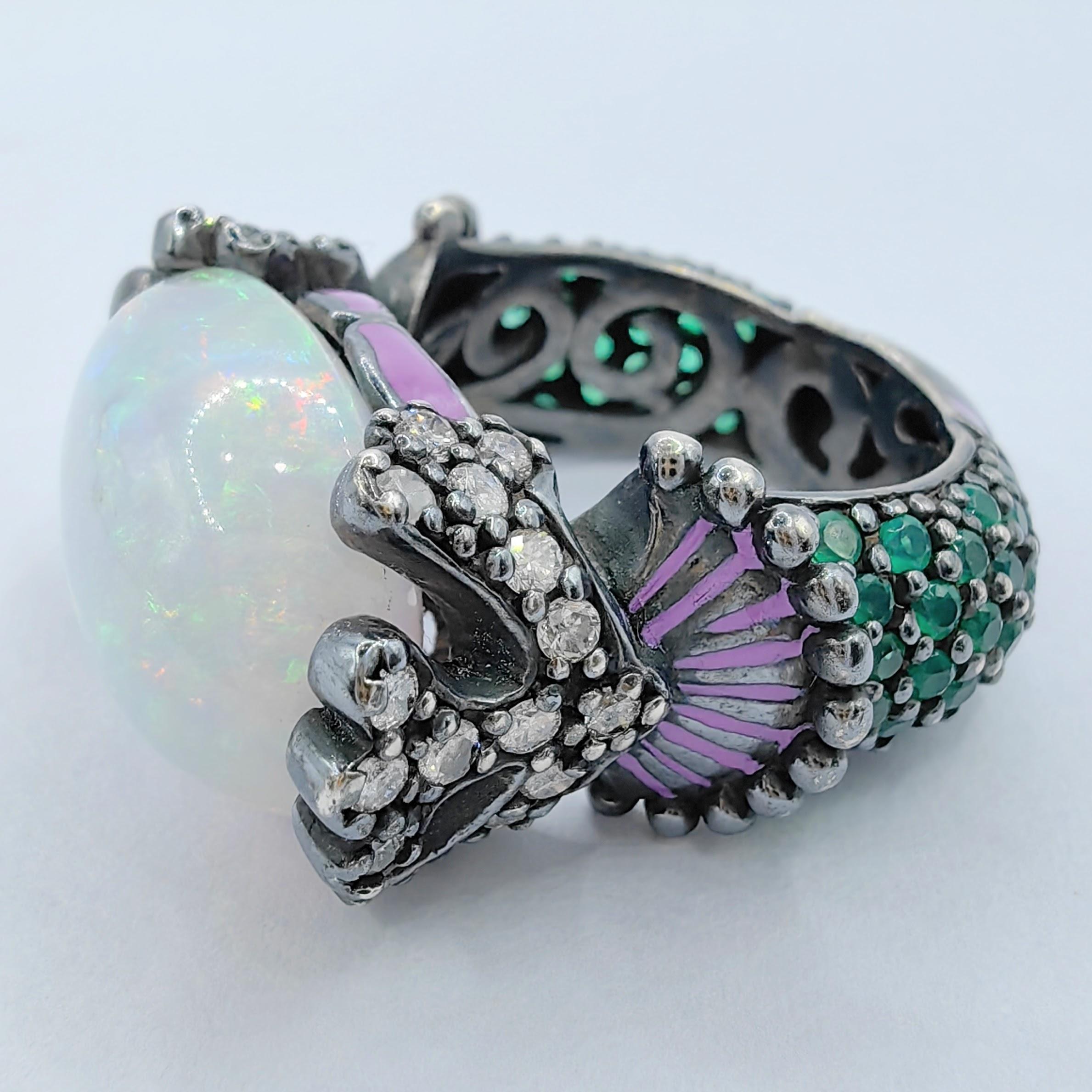 Cocktail-Ring mit Opal, Saphir und Diamant aus Sterling Silber (Cabochon)