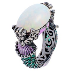 Cocktail-Ring mit Opal, Saphir und Diamant aus Sterling Silber