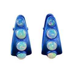 Opal and 18K Gold Hoop Earrings in 18K Blue Rhodium Plated Gold.