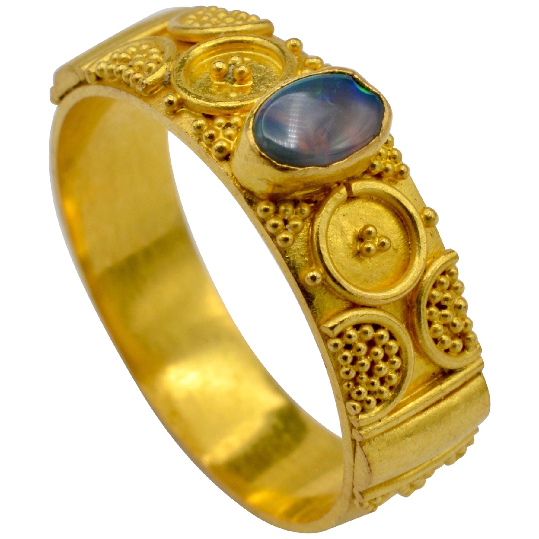 Opal and 22 Karat Gold Granulated Cigar Band Ring