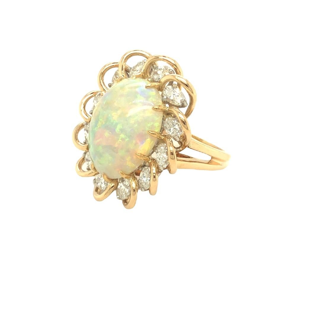Oval Cut Opal and 2.40 Carat Diamond Ribbon Halo Ring 18K Yellow Gold For Sale