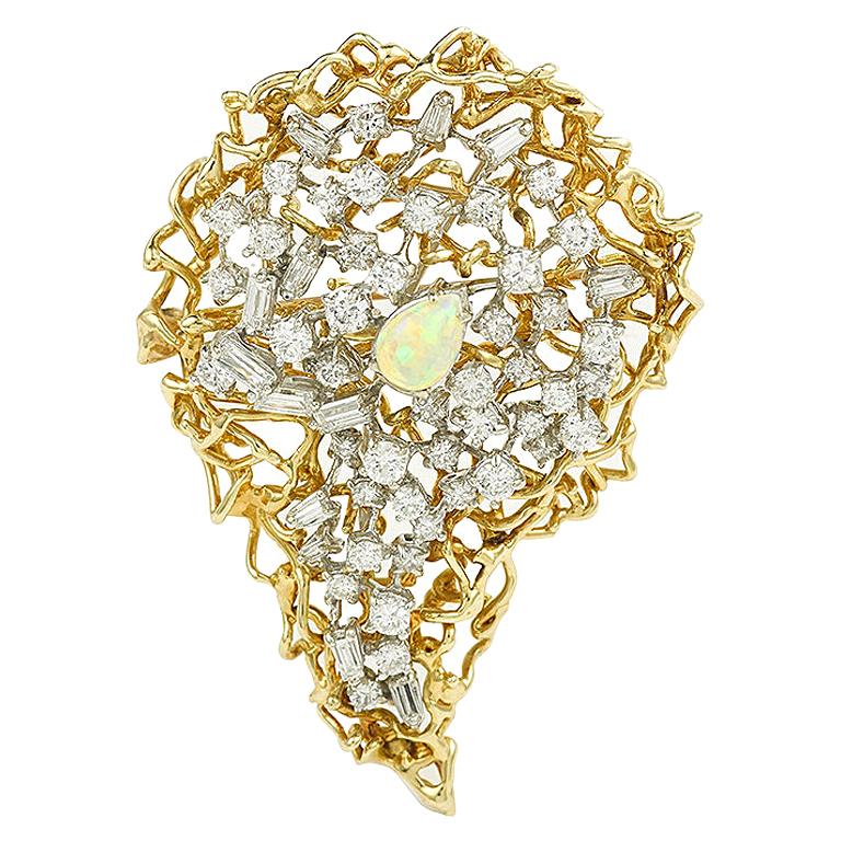 Opal And 4.60 Carat Diamonds 18 Karat Yellow Gold Brooch