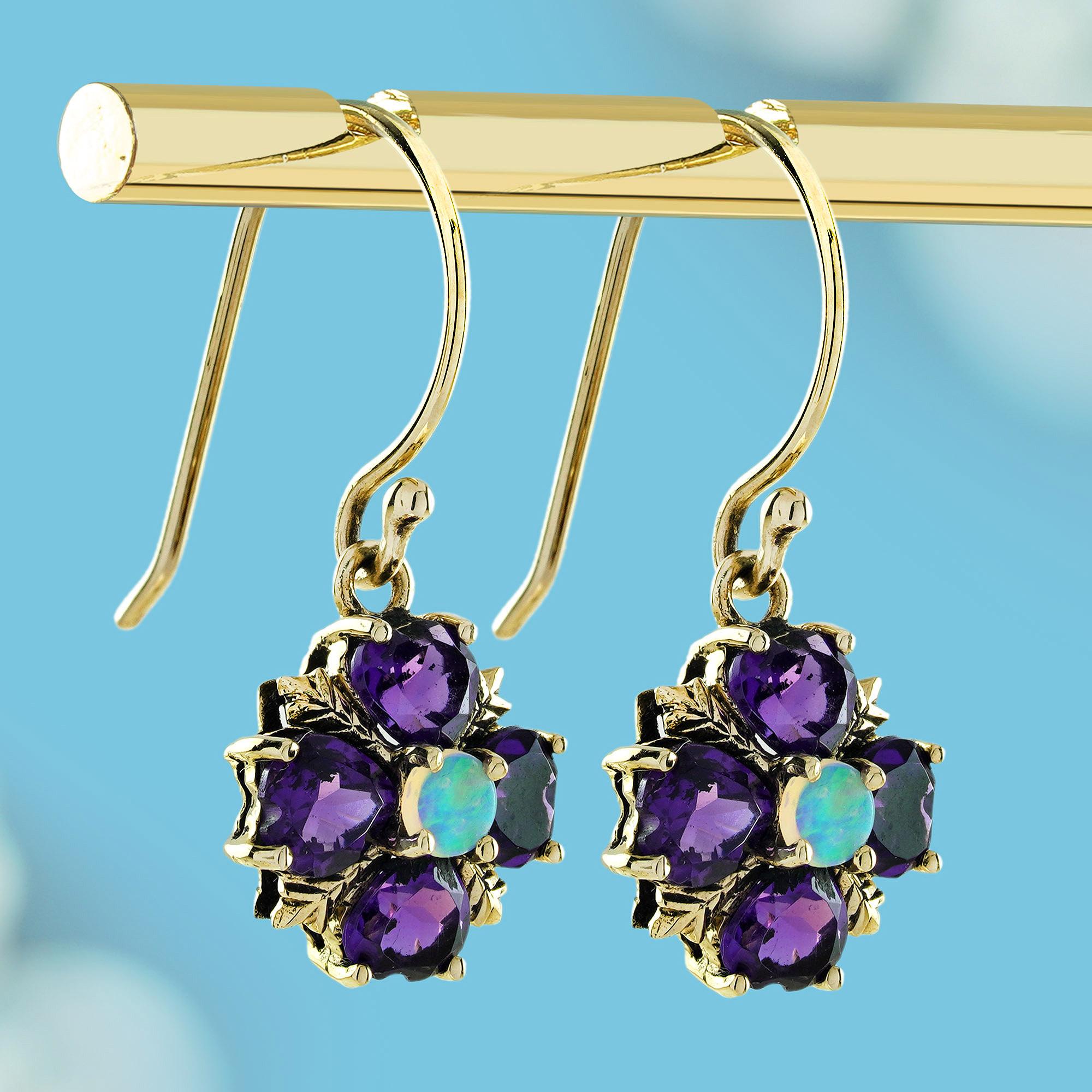 Edwardian Opal and Amethyst Vintage Style Floral Cluster Hook Earrings in Solid 9K Yellow