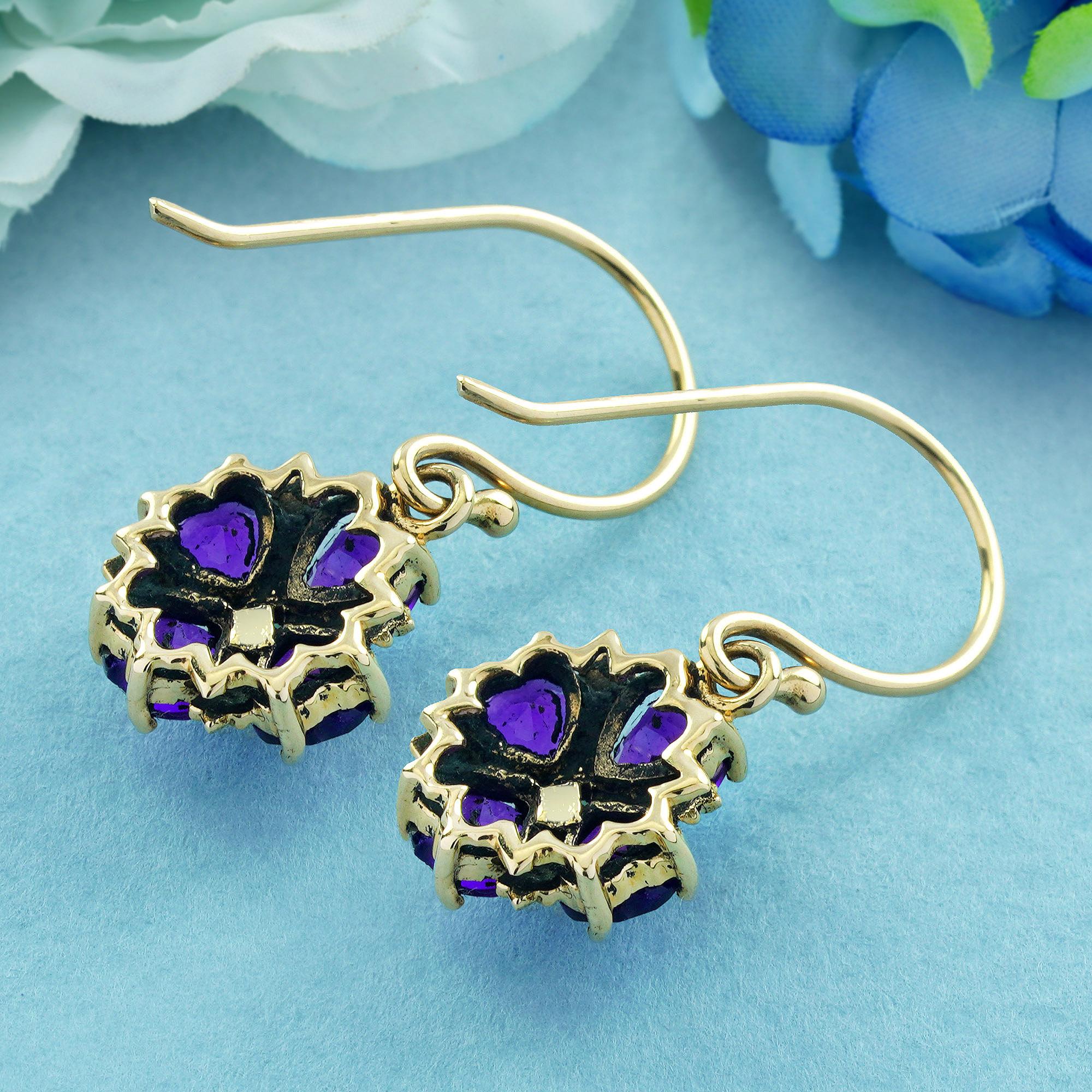 Heart Cut Opal and Amethyst Vintage Style Floral Cluster Hook Earrings in Solid 9K Yellow