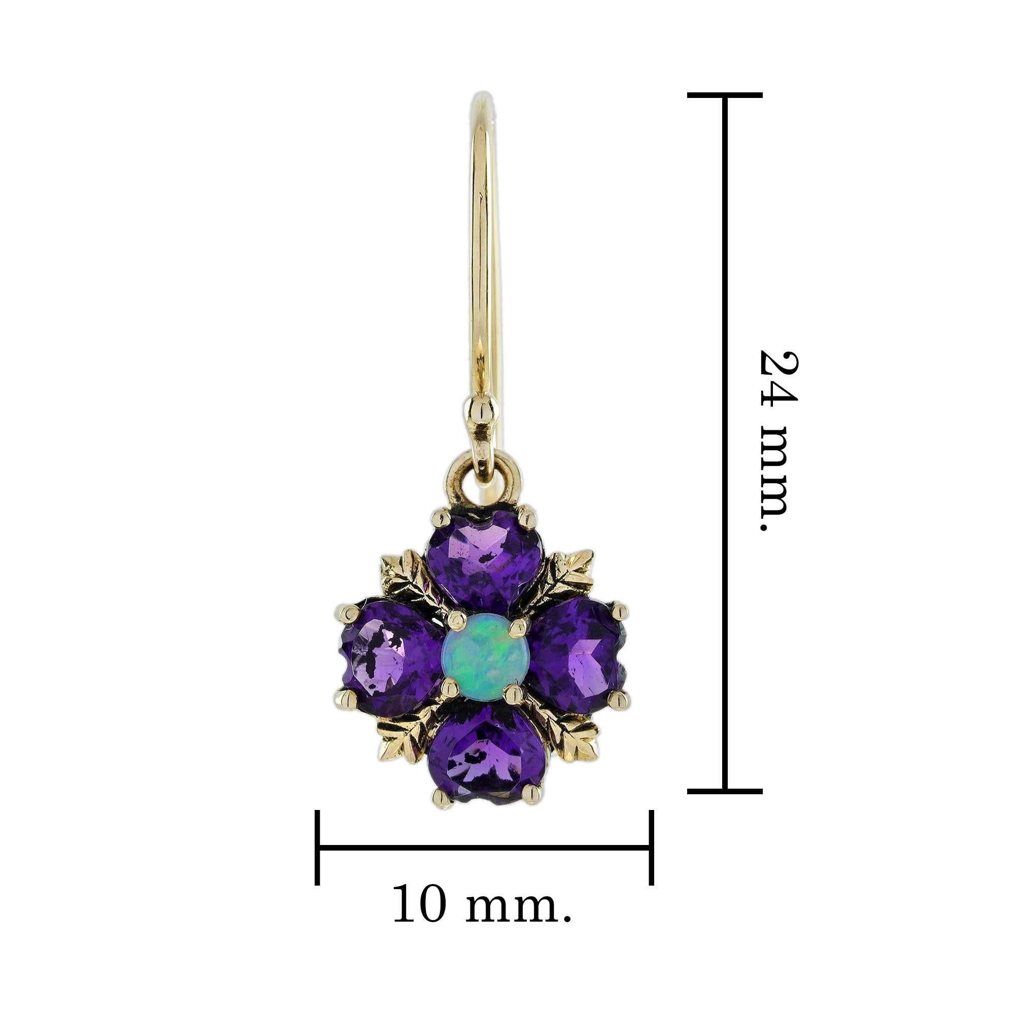 Opal and Amethyst Vintage Style Floral Cluster Hook Earrings in Solid 9K Yellow In New Condition In Bangkok, TH