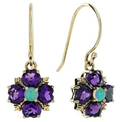 Opal and Amethyst Vintage Style Floral Cluster Hook Earrings in Solid 9K Yellow