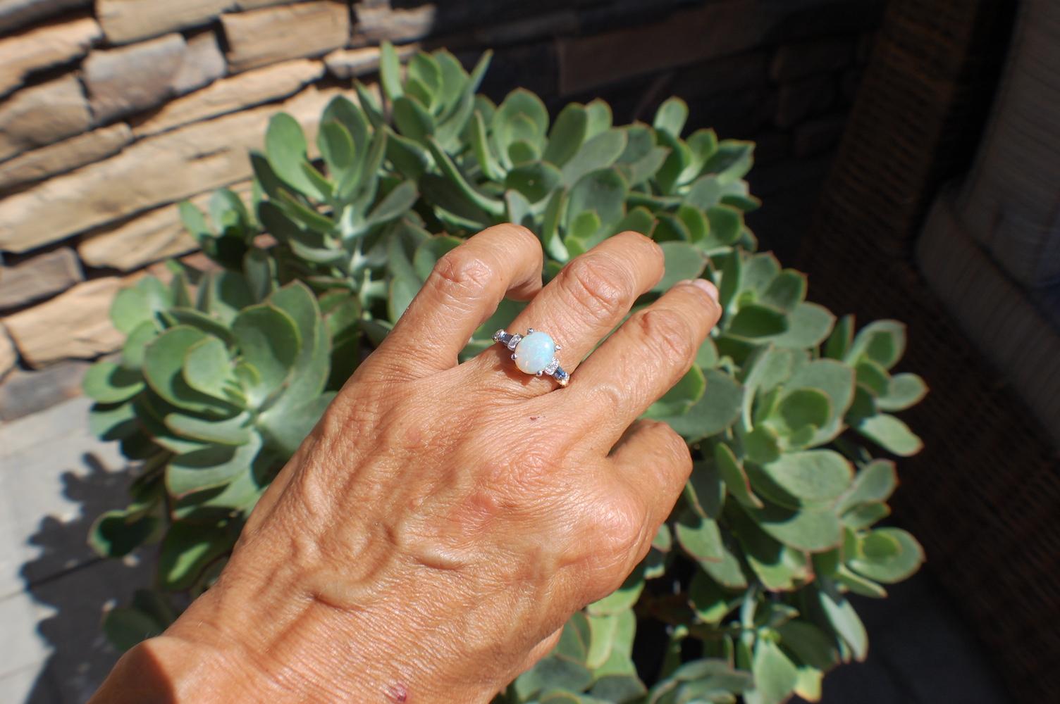 Oval Cut Opal and Baguette Blue Sapphire Solitaire Diamond Ring VS 14 Karat White Gold