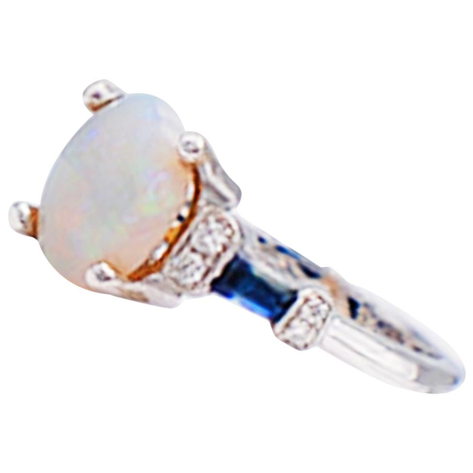 Opal and Baguette Blue Sapphire Solitaire Diamond Ring VS 14 Karat White Gold