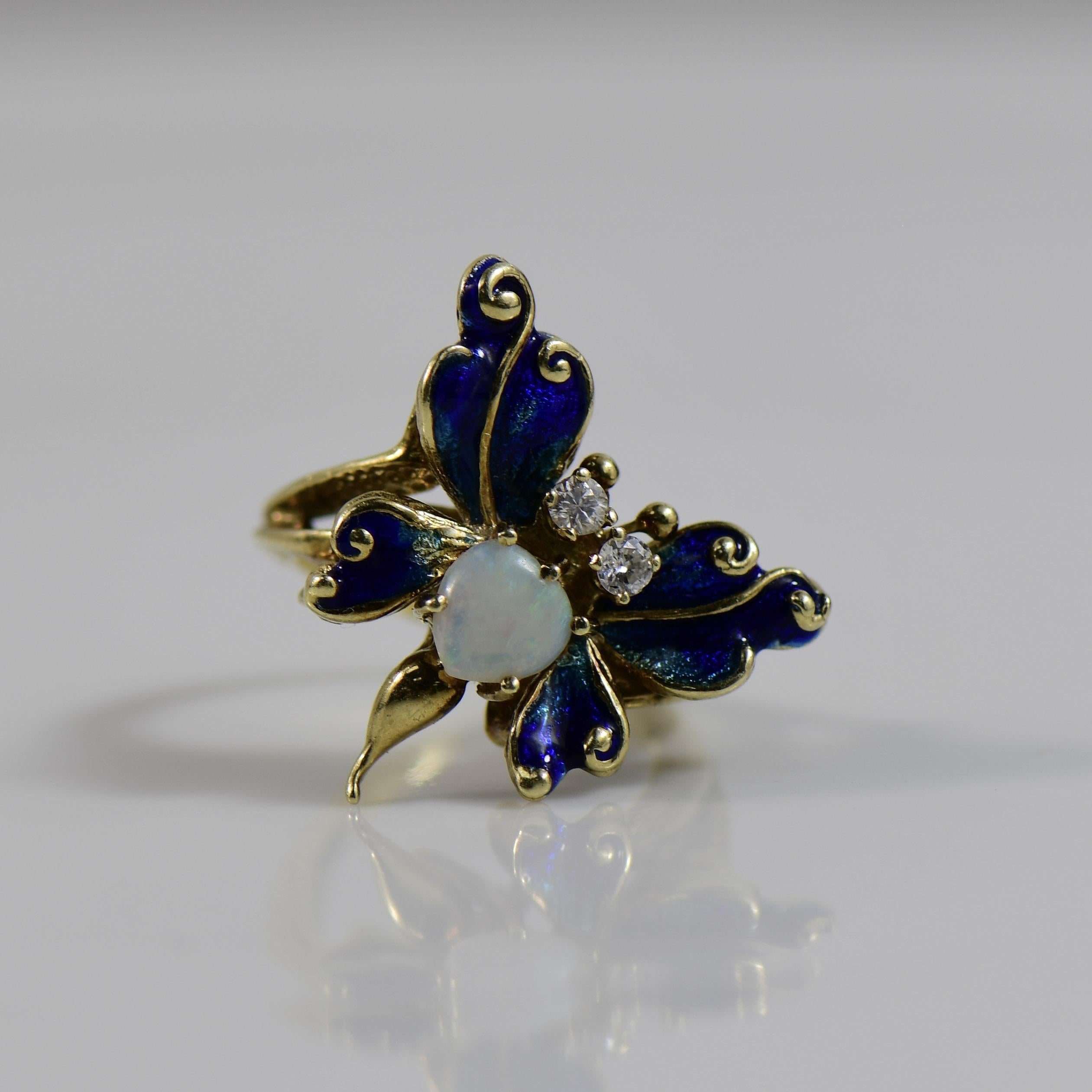 Opal and Blue Enamel Butterfly Ring with single cut Diamonds For Sale 5
