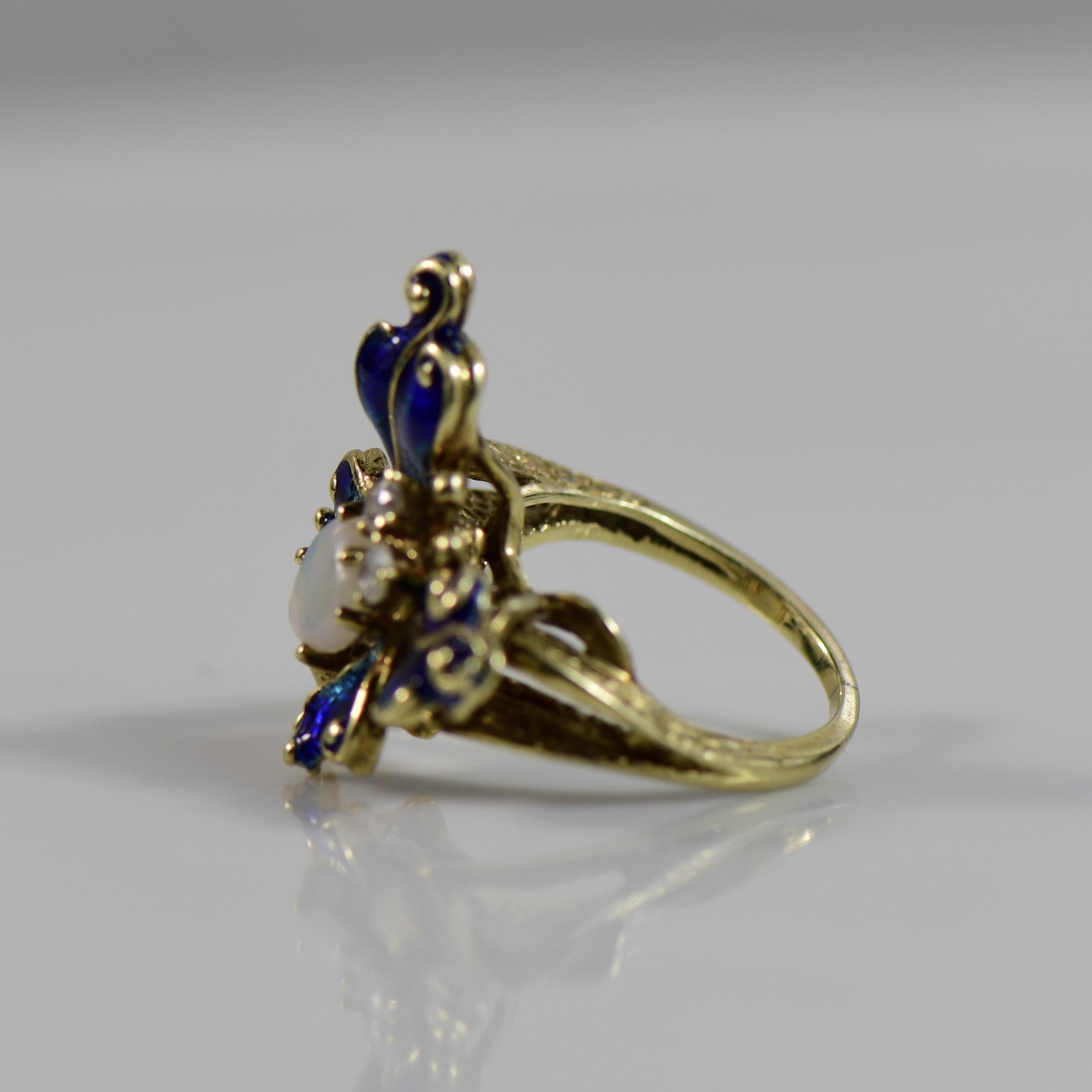 Opal and Blue Enamel Butterfly Ring with single cut Diamonds For Sale 3