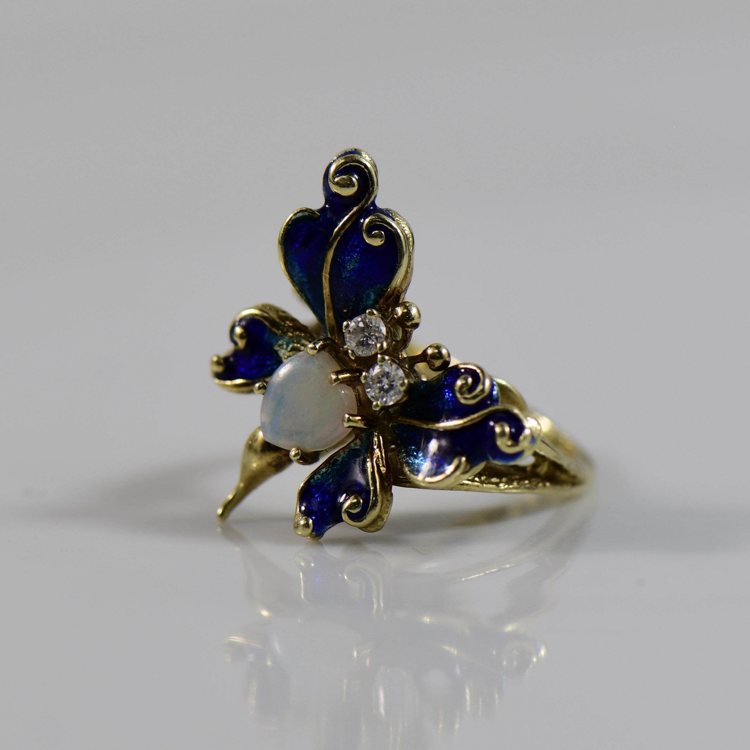 Opal and Blue Enamel Butterfly Ring with single cut Diamonds For Sale 4