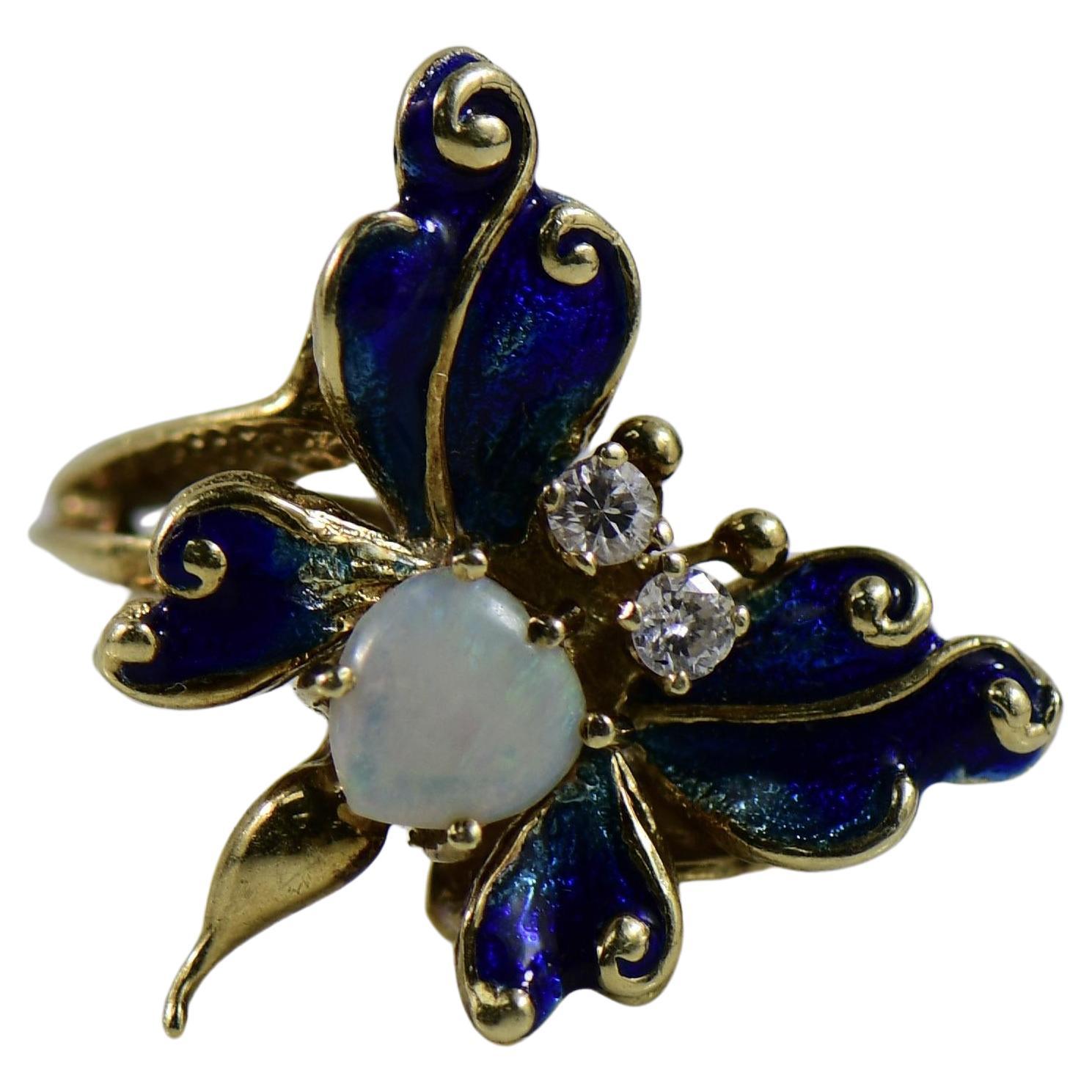 Bague papillon en opale et émail bleu avec diamants taille unique