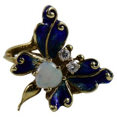 Opal and Blue Enamel Butterfly Ring with single cut Diamonds