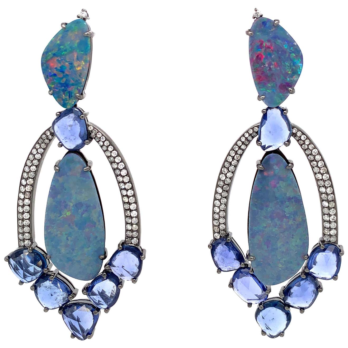 Opal and Blue Sapphire Slice Chandelier Earrings For Sale at 1stDibs
