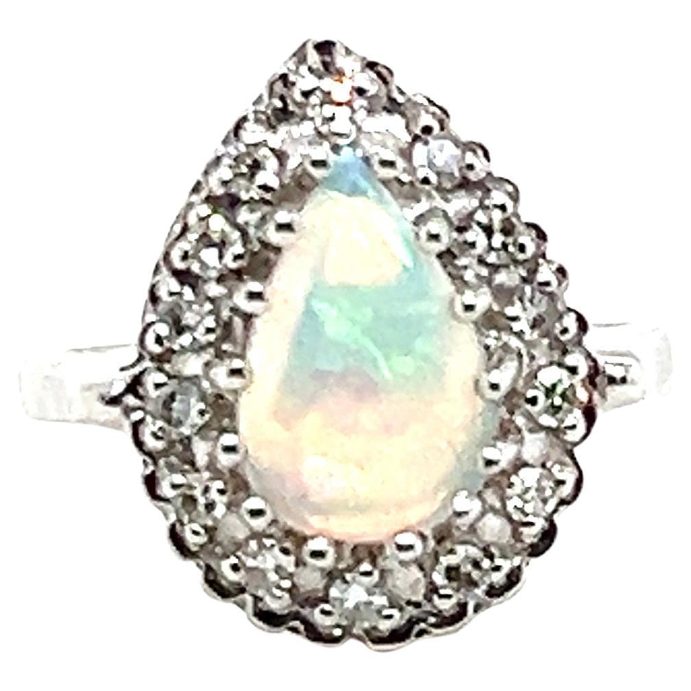 Opal and Diamond 14k White Gold 1970s Ring
