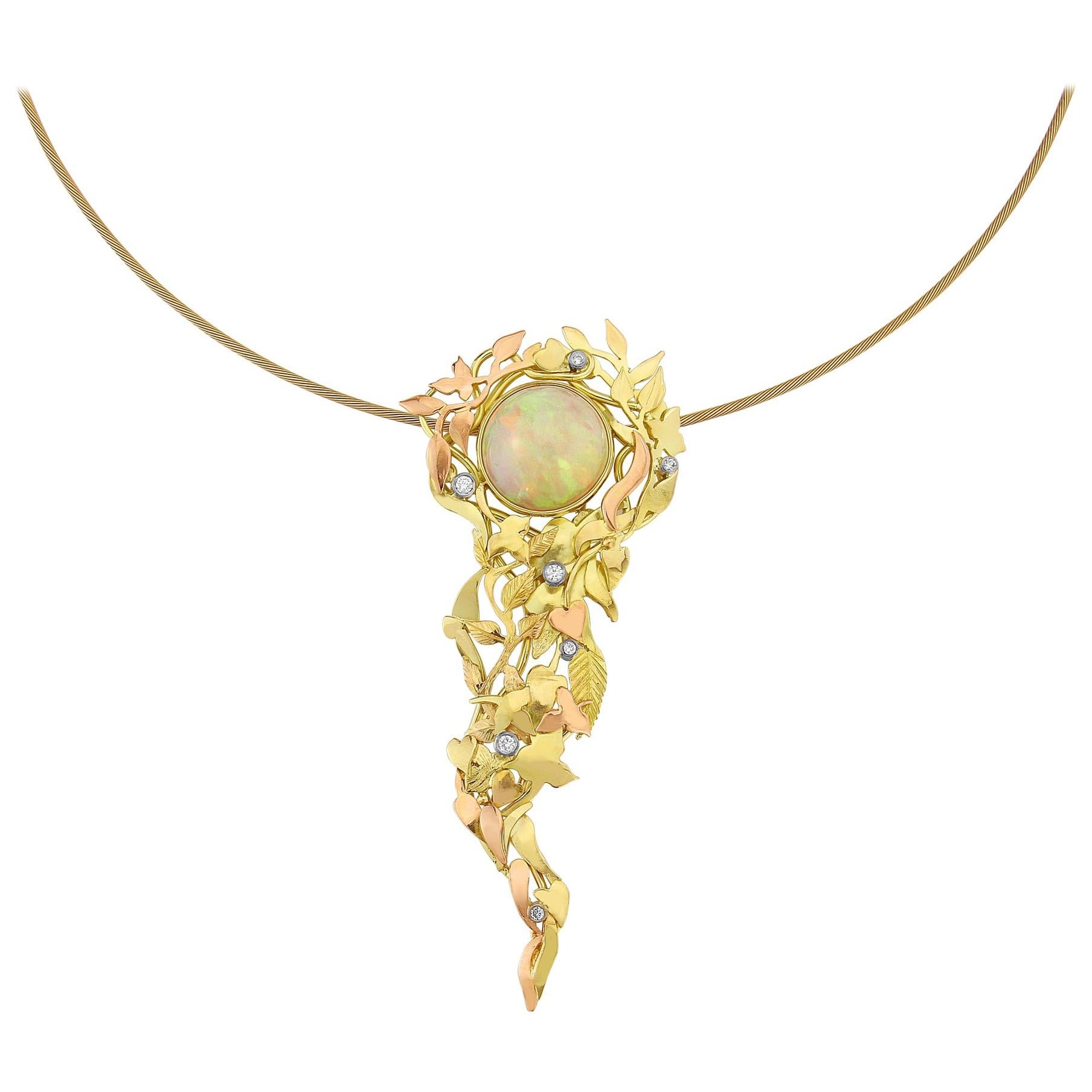Opal and Diamond 18 Karat Rose White and Yellow Gold Pendant