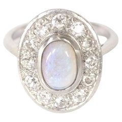 Bague Art déco en platine avec opale et diamants, bague à grappes, années 1930