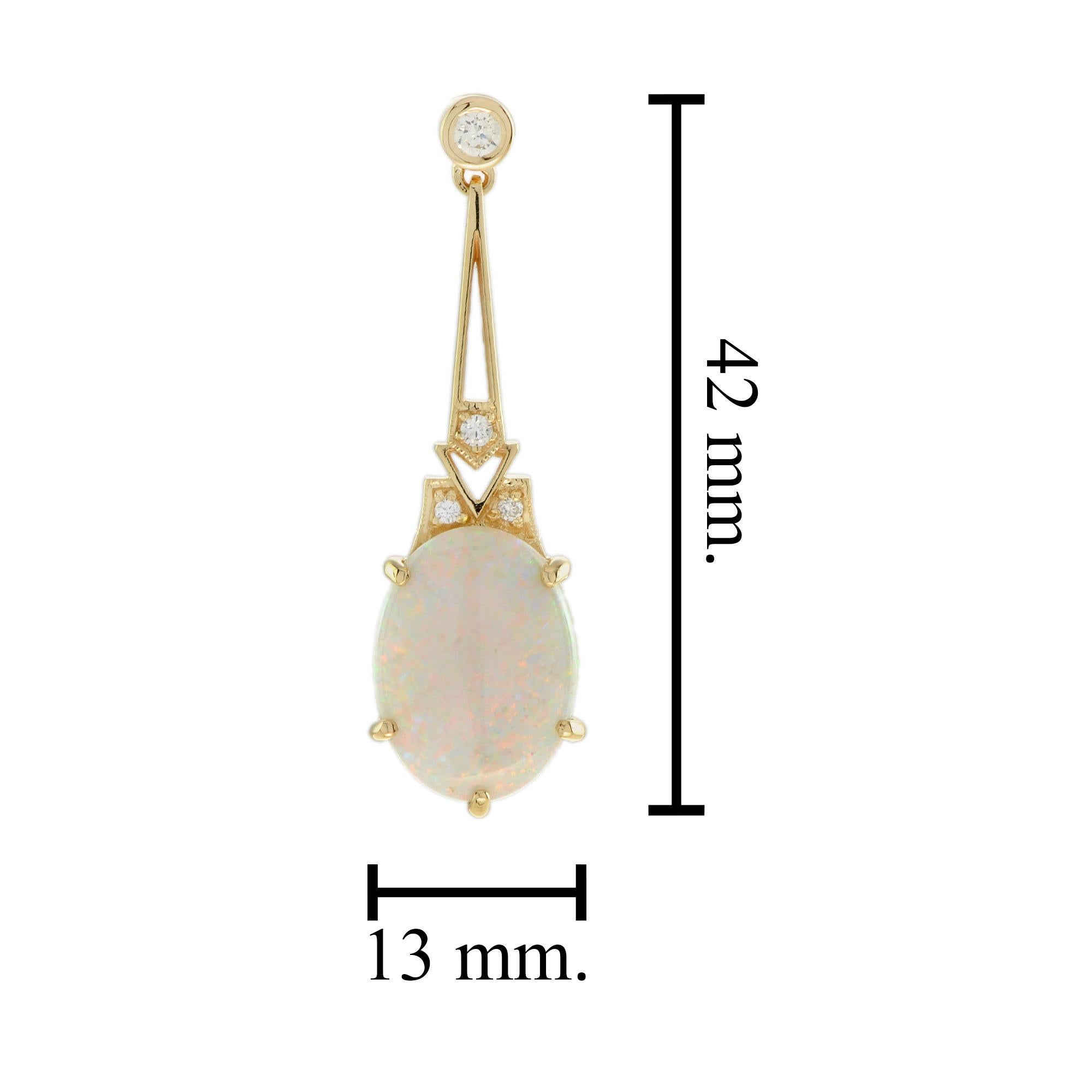 Taille ovale Boucles d'oreilles pendantes en or jaune 18 carats avec opale et diamant de style Art Déco en vente