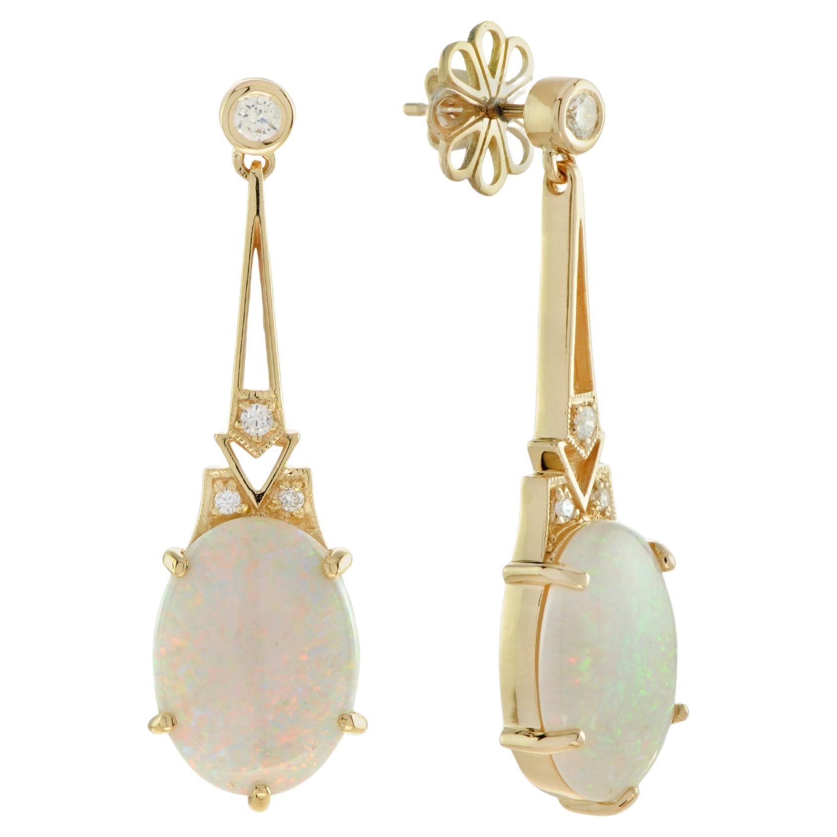 Opal and Diamond Art Deco Style Drop Earrings in 18k Yellow Gold For Sale