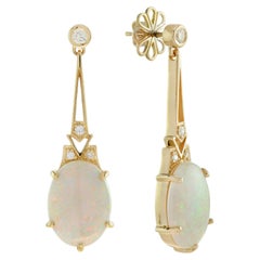 Boucles d'oreilles pendantes en or jaune 18 carats avec opale et diamant de style Art Déco