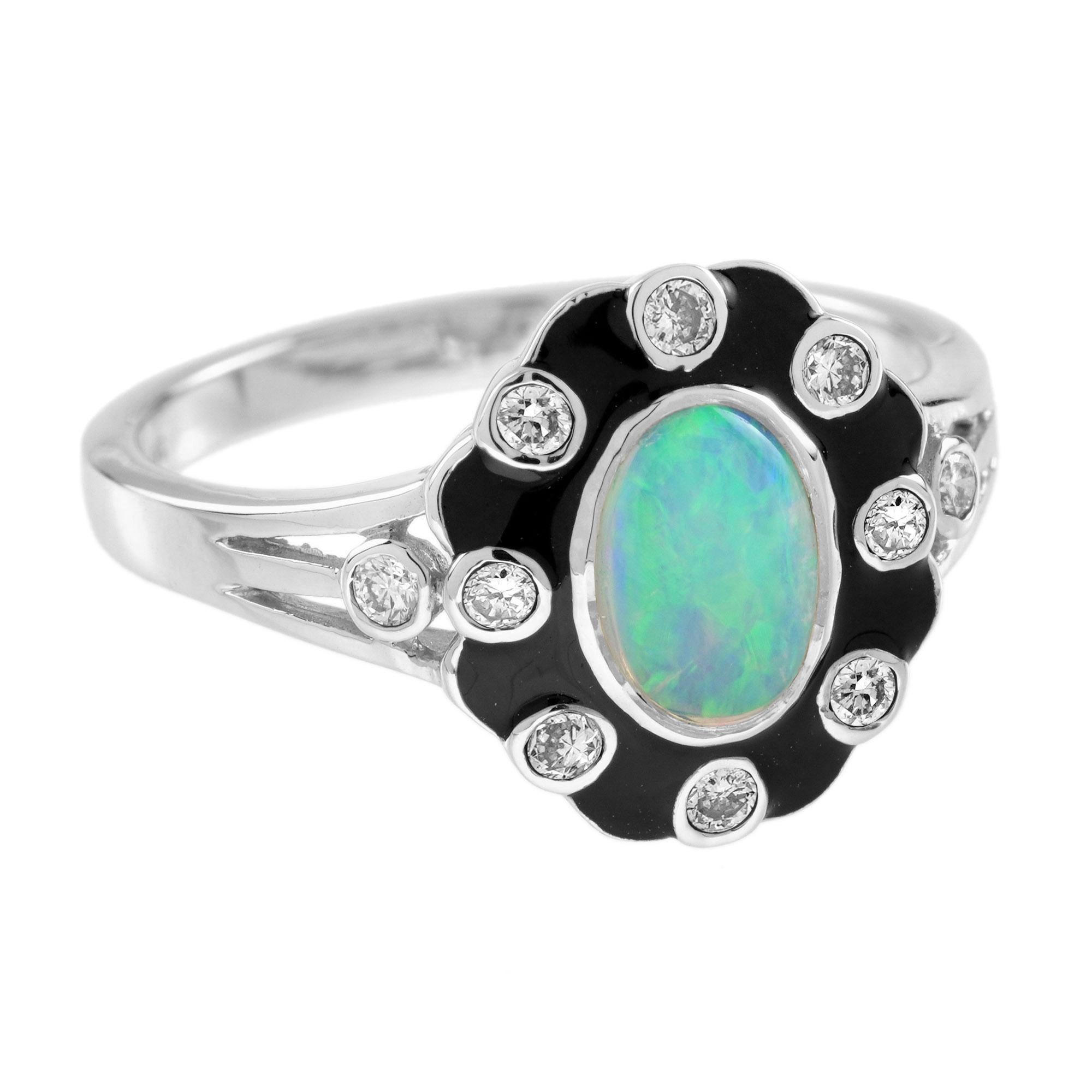 Oval Cut Opal and Diamond Art Deco Style Enamel Halo Ring in 9K White Gold For Sale