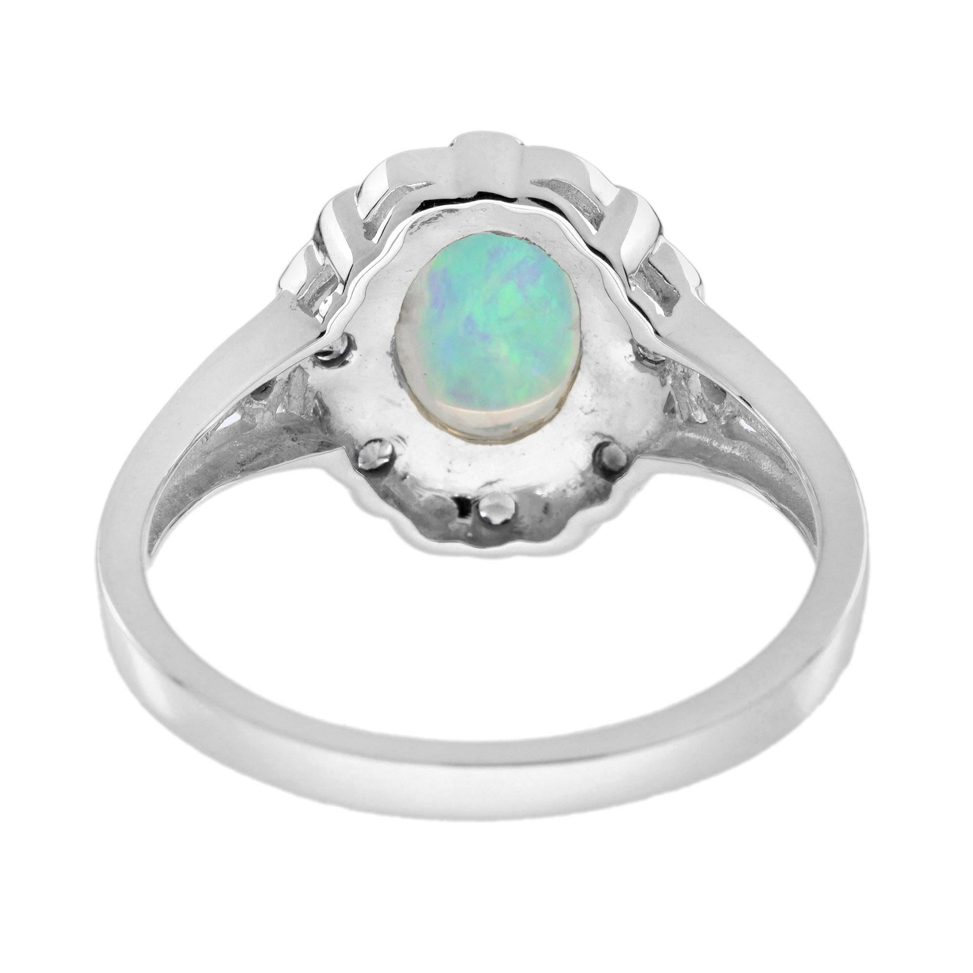 Women's Opal and Diamond Art Deco Style Enamel Halo Ring in 9K White Gold For Sale
