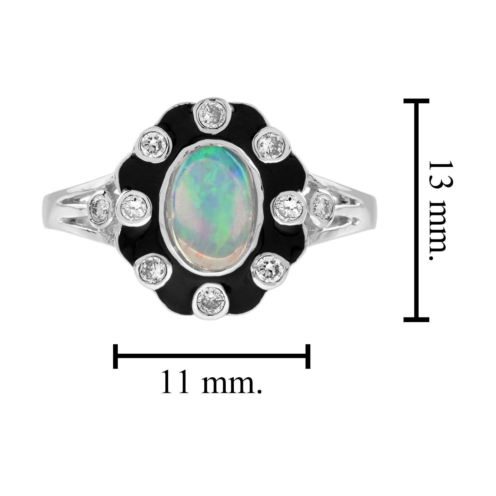 Opal and Diamond Art Deco Style Enamel Halo Ring in 9K White Gold For Sale 2