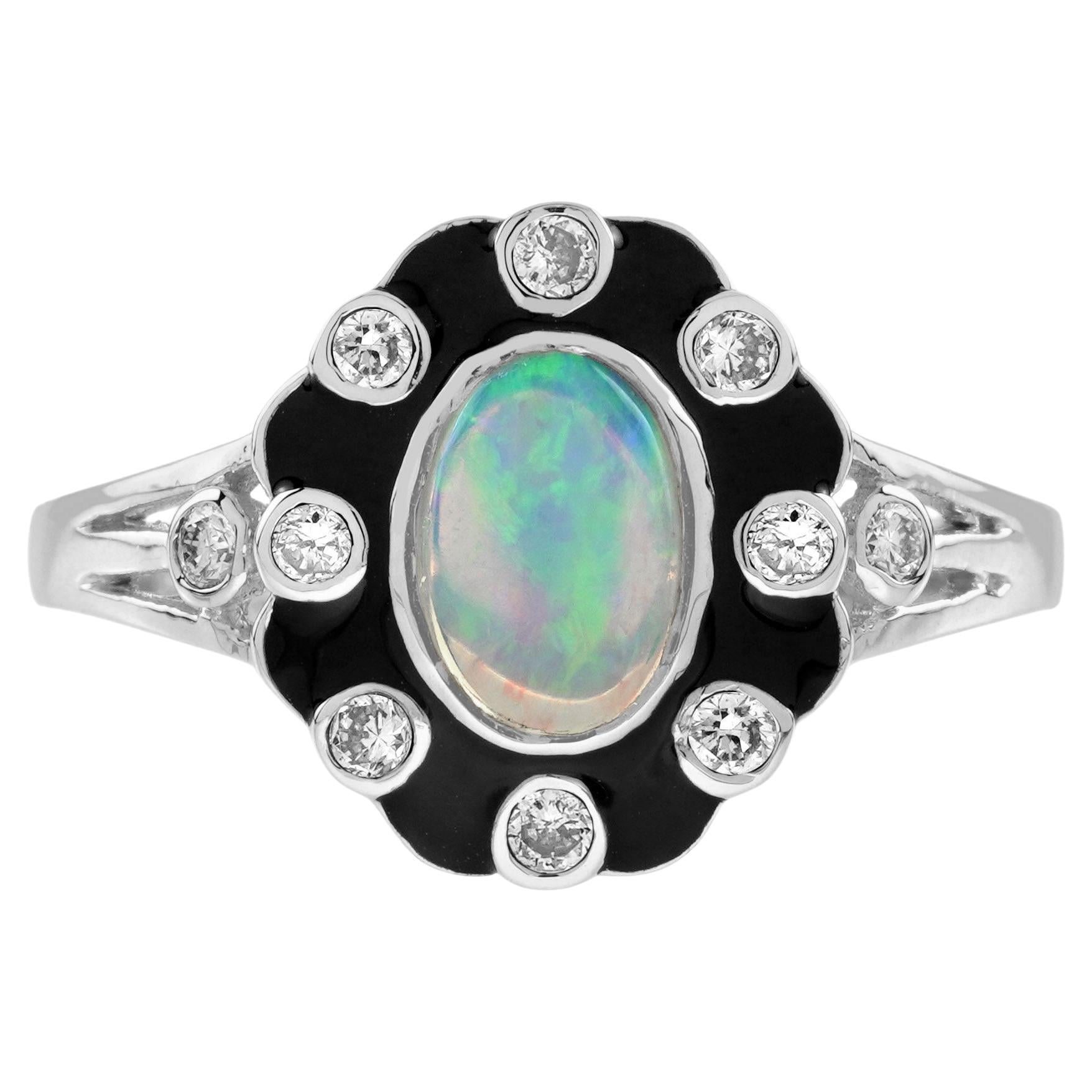 Opal and Diamond Art Deco Style Enamel Halo Ring in 9K White Gold