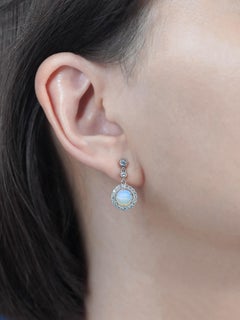 Opal and Diamond Art Deco Style Halo Drop Earrings in 14K White Gold