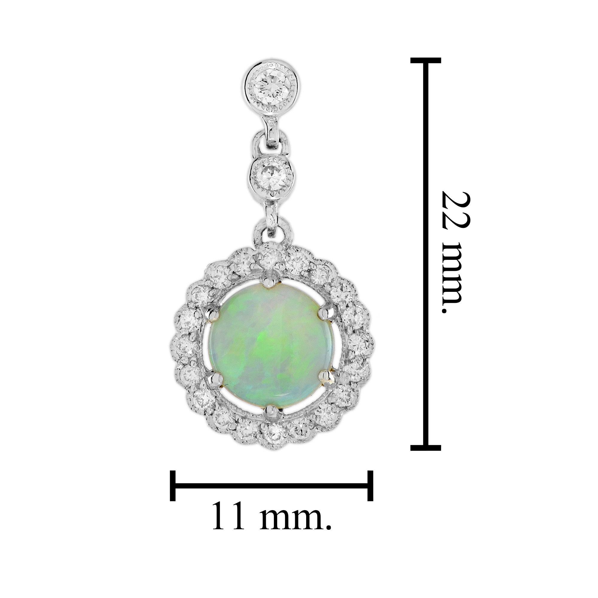 Boucles d'oreilles pendantes Halo en or blanc 14 carats avec opale et diamant de style Art Déco Neuf - En vente à Bangkok, TH