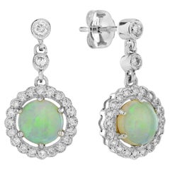 Opal and Diamond Art Deco Style Halo Drop Earrings in 14K White Gold