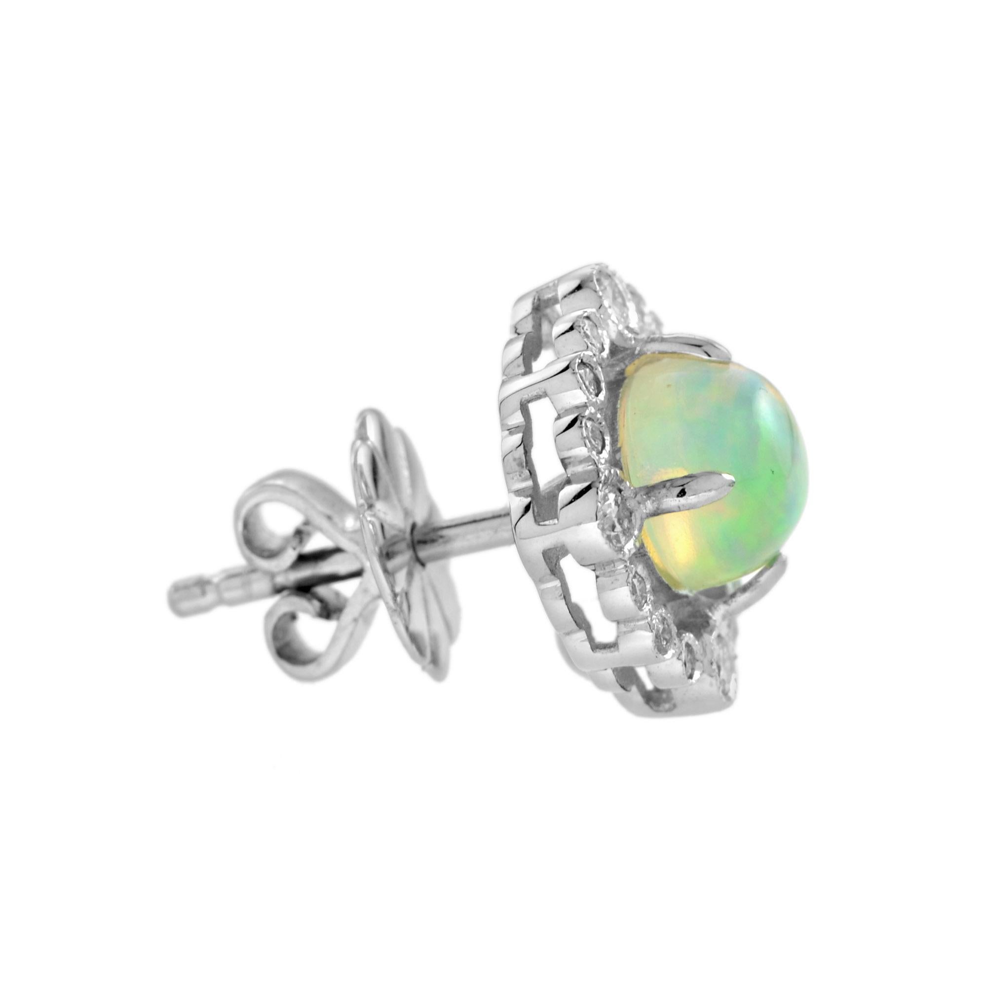 Round Cut Opal and Diamond Art Deco Style Stud Earrings in 14K White Gold For Sale