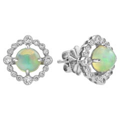 Opal and Diamond Art Deco Style Stud Earrings in 14K White Gold