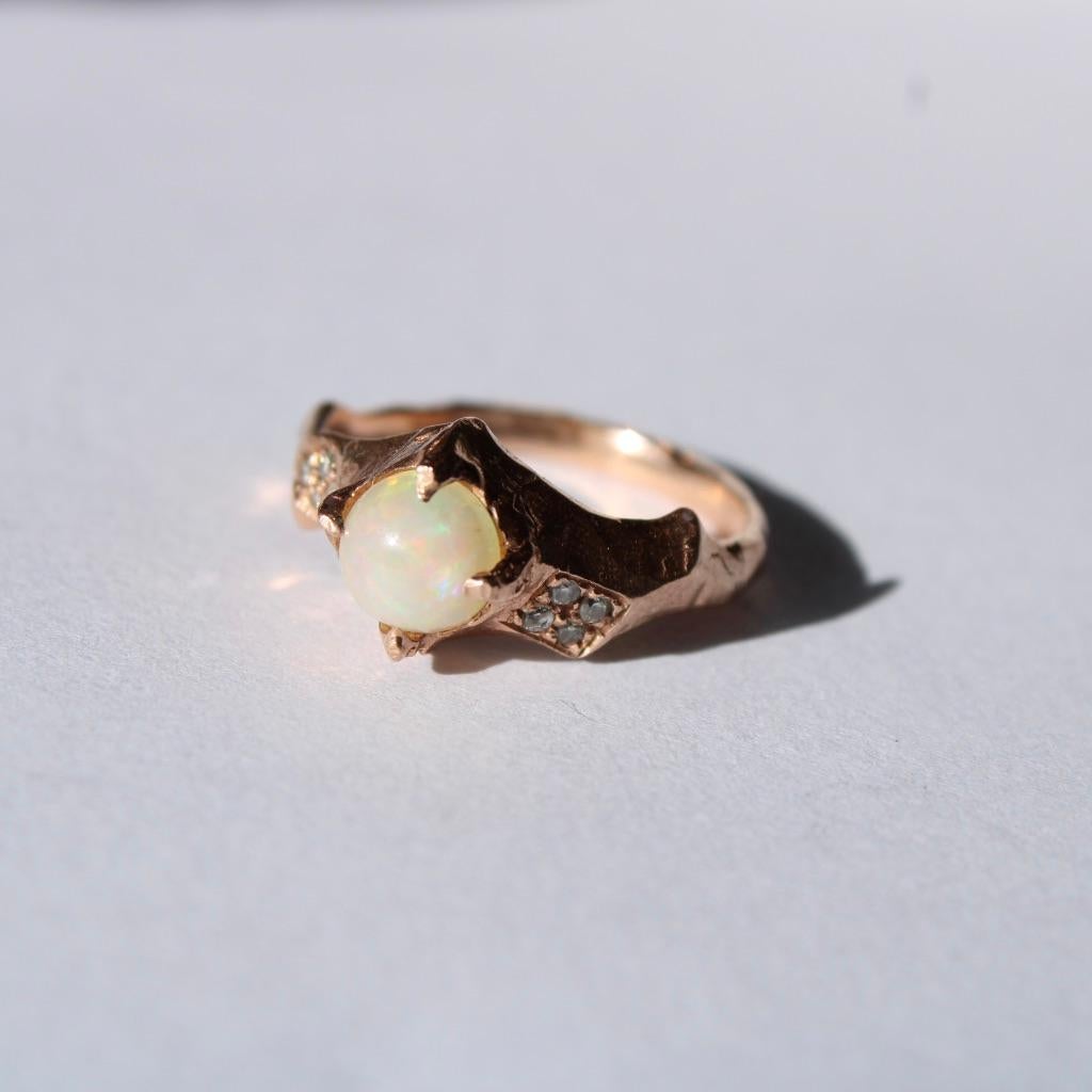 Opal and Diamond Asymmetrical 14 Karat Rose Gold Ring In New Condition In Foxborough, MA