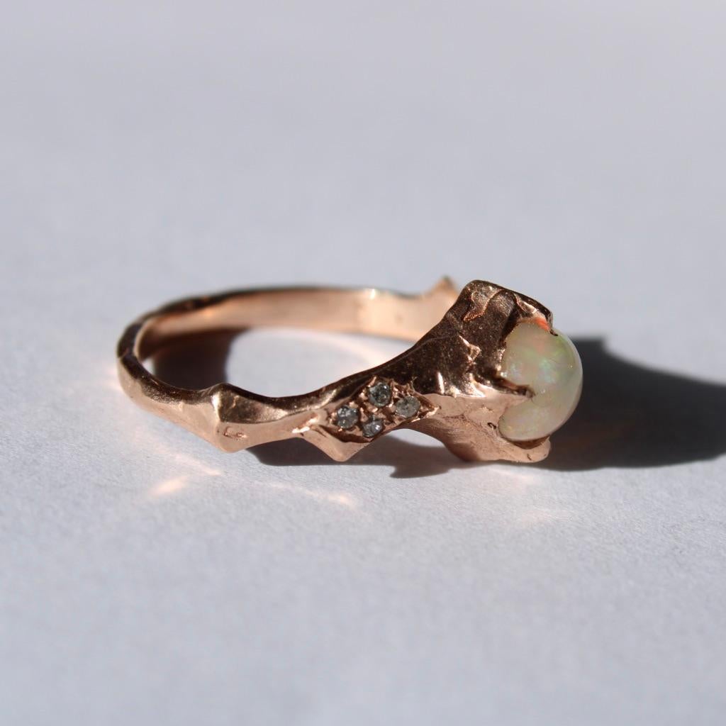 Women's or Men's Opal and Diamond Asymmetrical 14 Karat Rose Gold Ring