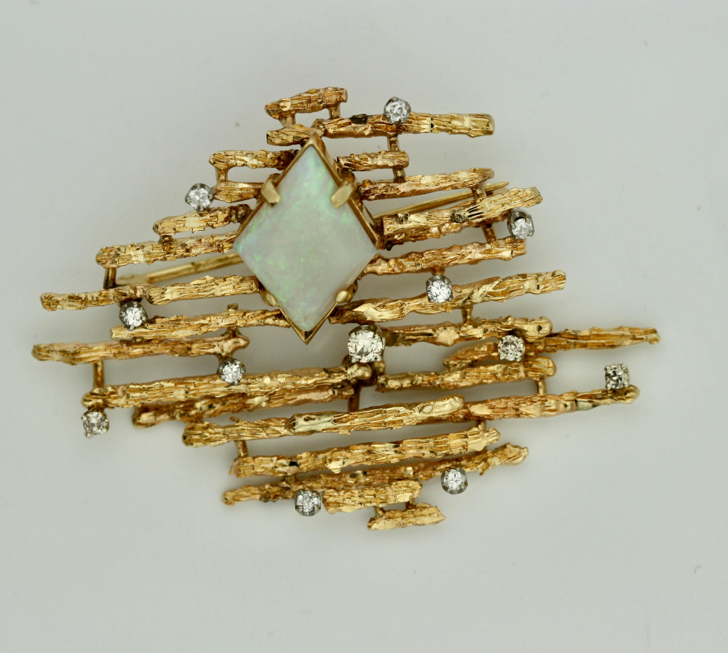 Women's or Men's Opal and Diamond Brooch For Sale