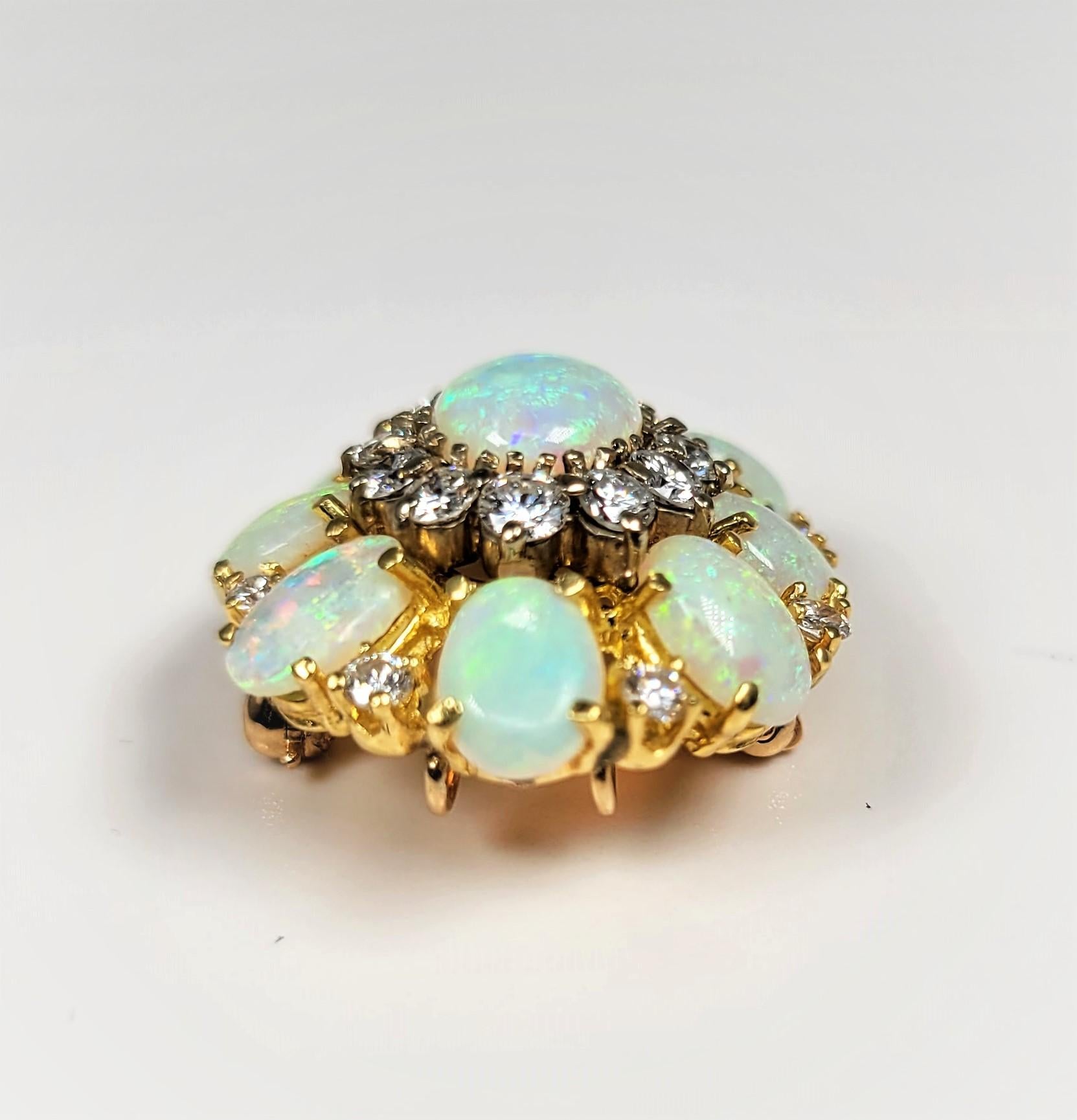 Oval Cut Opal and Diamond Brooch in 18 Karat Gold For Sale