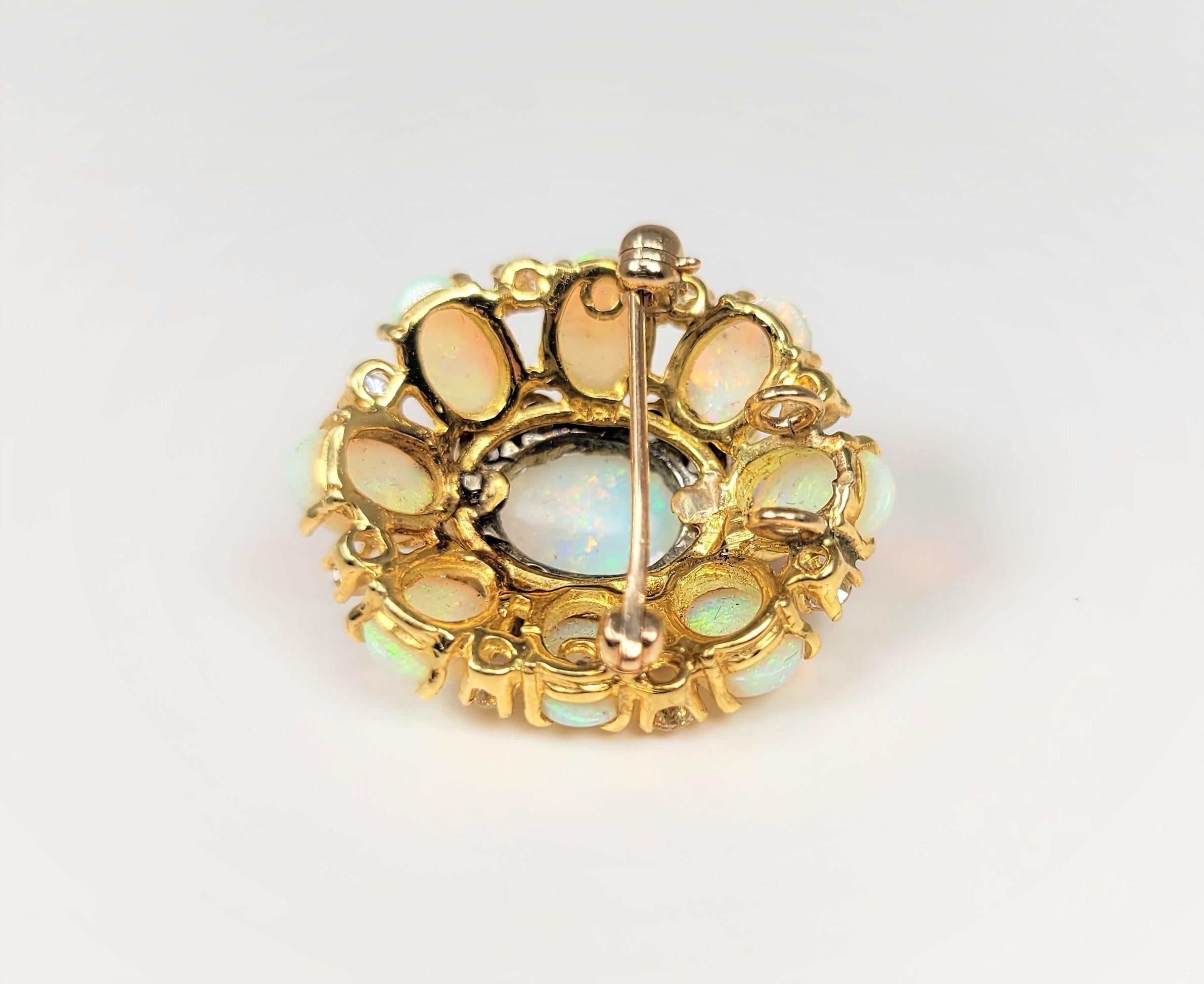 Women's or Men's Opal and Diamond Brooch in 18 Karat Gold For Sale