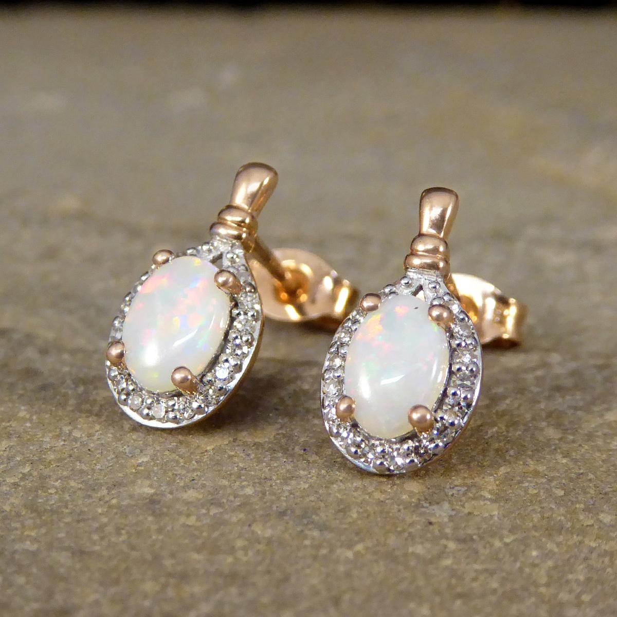 Women's Opal and Diamond Cluster Drop Earrings in Rose Gold For Sale
