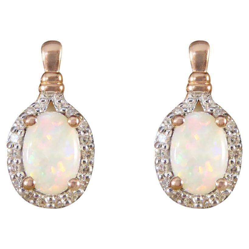 Opal and Diamond Cluster Drop Earrings in Rose Gold For Sale