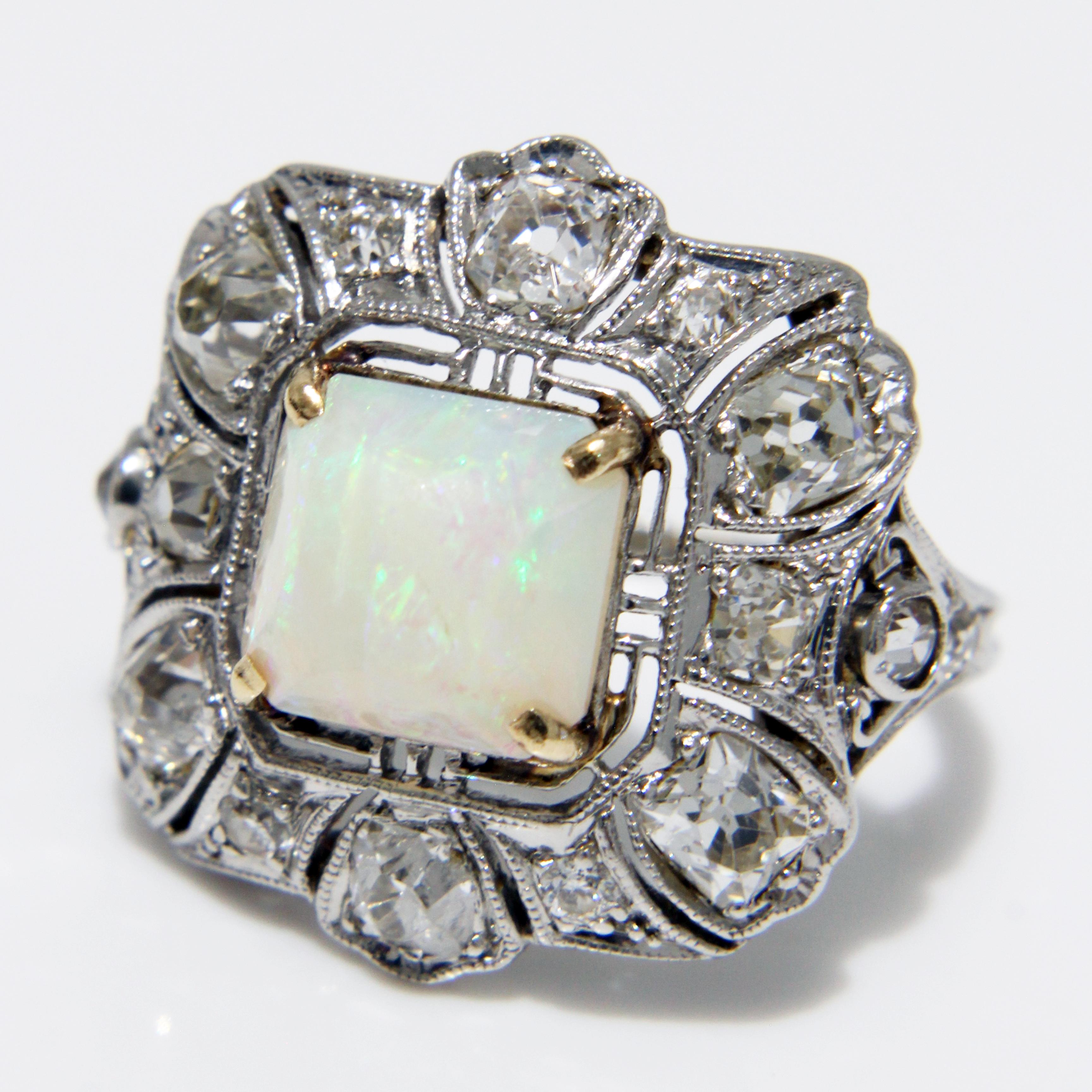 Opal and Diamond Cocktail Ring Art Deco Style Vintage Platinum Rare Early 20th C For Sale 5