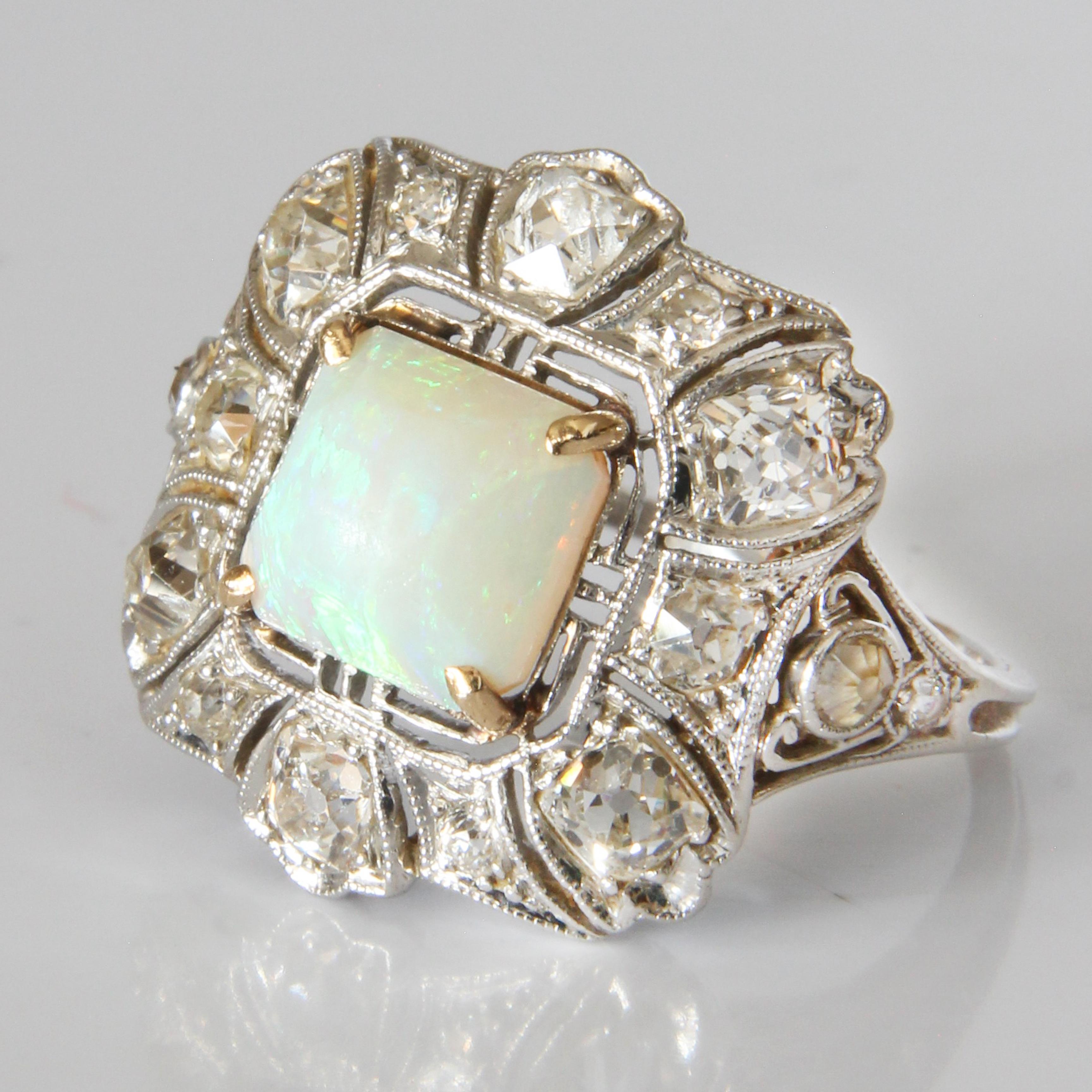 Opal and Diamond Cocktail Ring Art Deco Style Vintage Platinum Rare Early 20th C For Sale 6