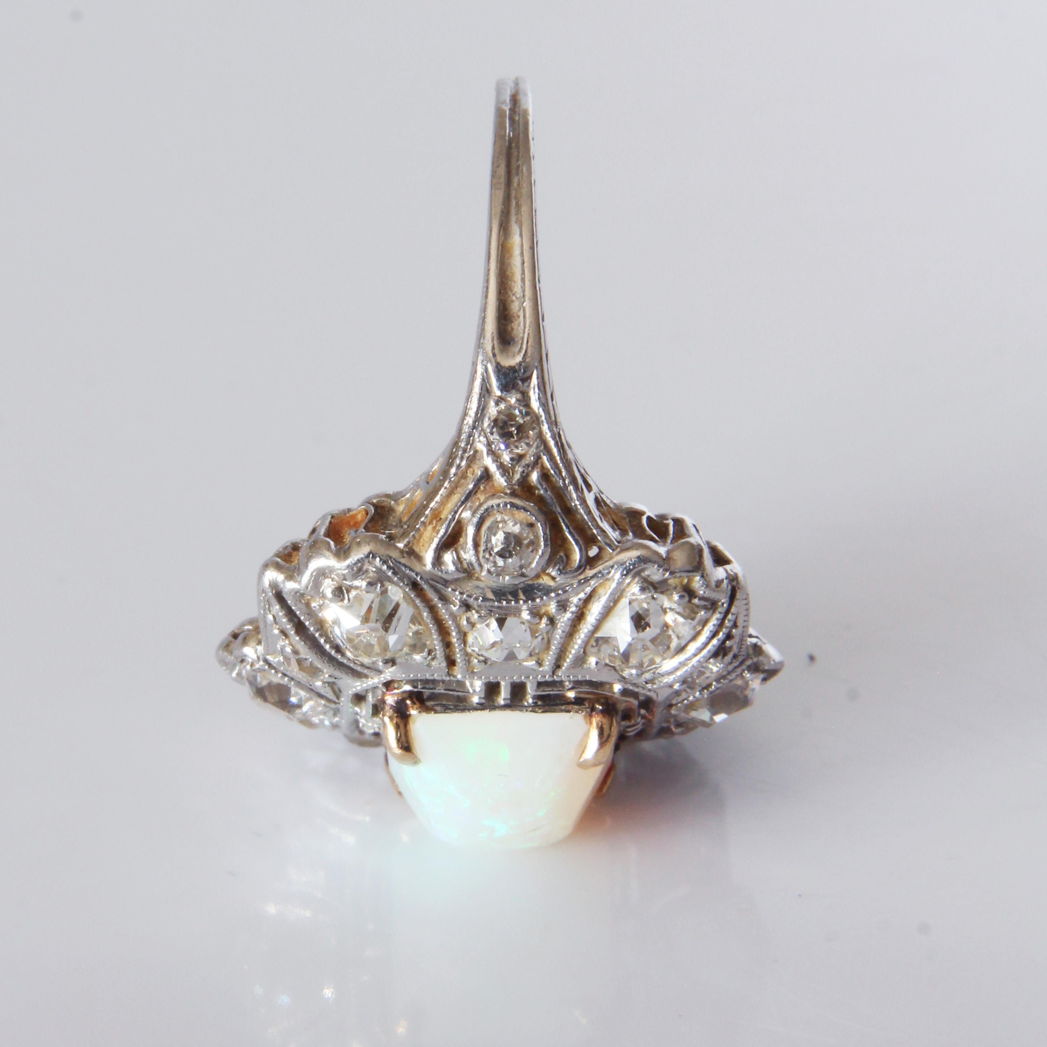Opal and Diamond Cocktail Ring Art Deco Style Vintage Platinum Rare Early 20th C For Sale 6