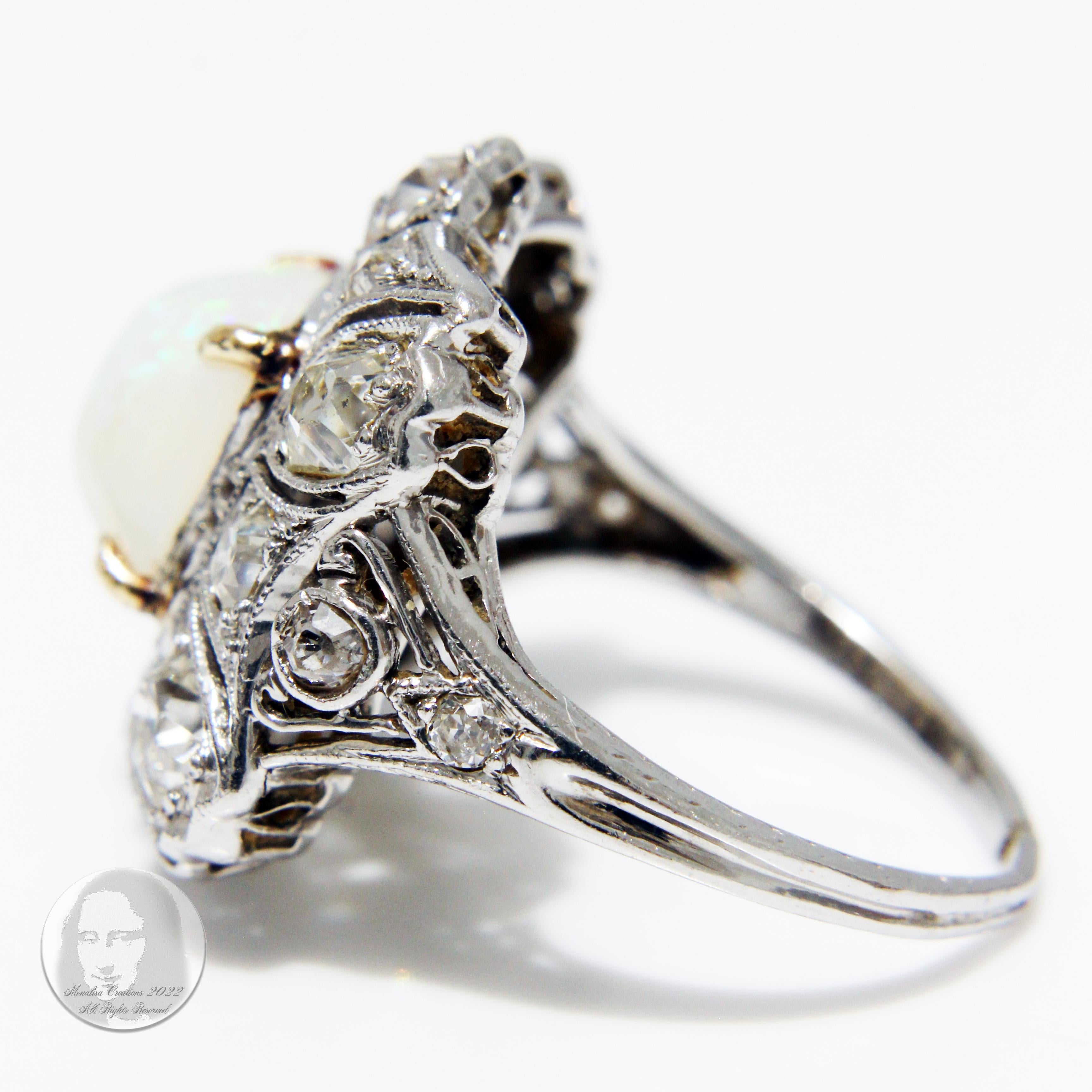 Opal and Diamond Cocktail Ring Art Deco Style Vintage Platinum Rare Early 20th C For Sale 7