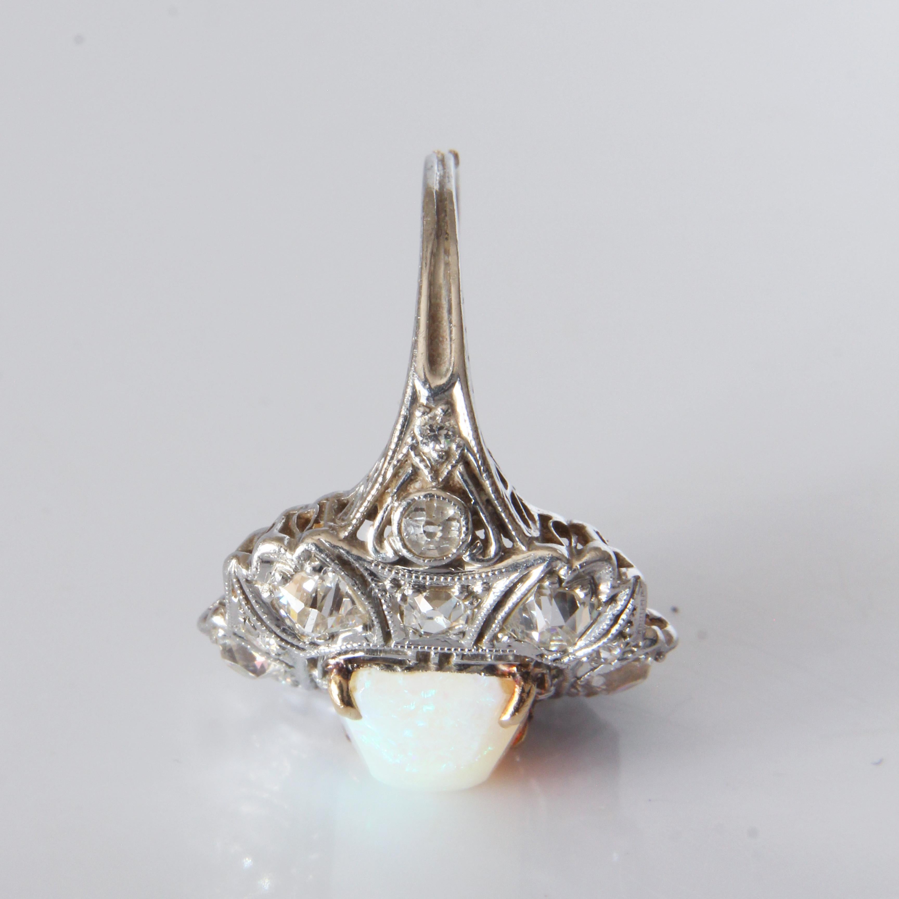 Opal and Diamond Cocktail Ring Art Deco Style Vintage Platinum Rare Early 20th C For Sale 7