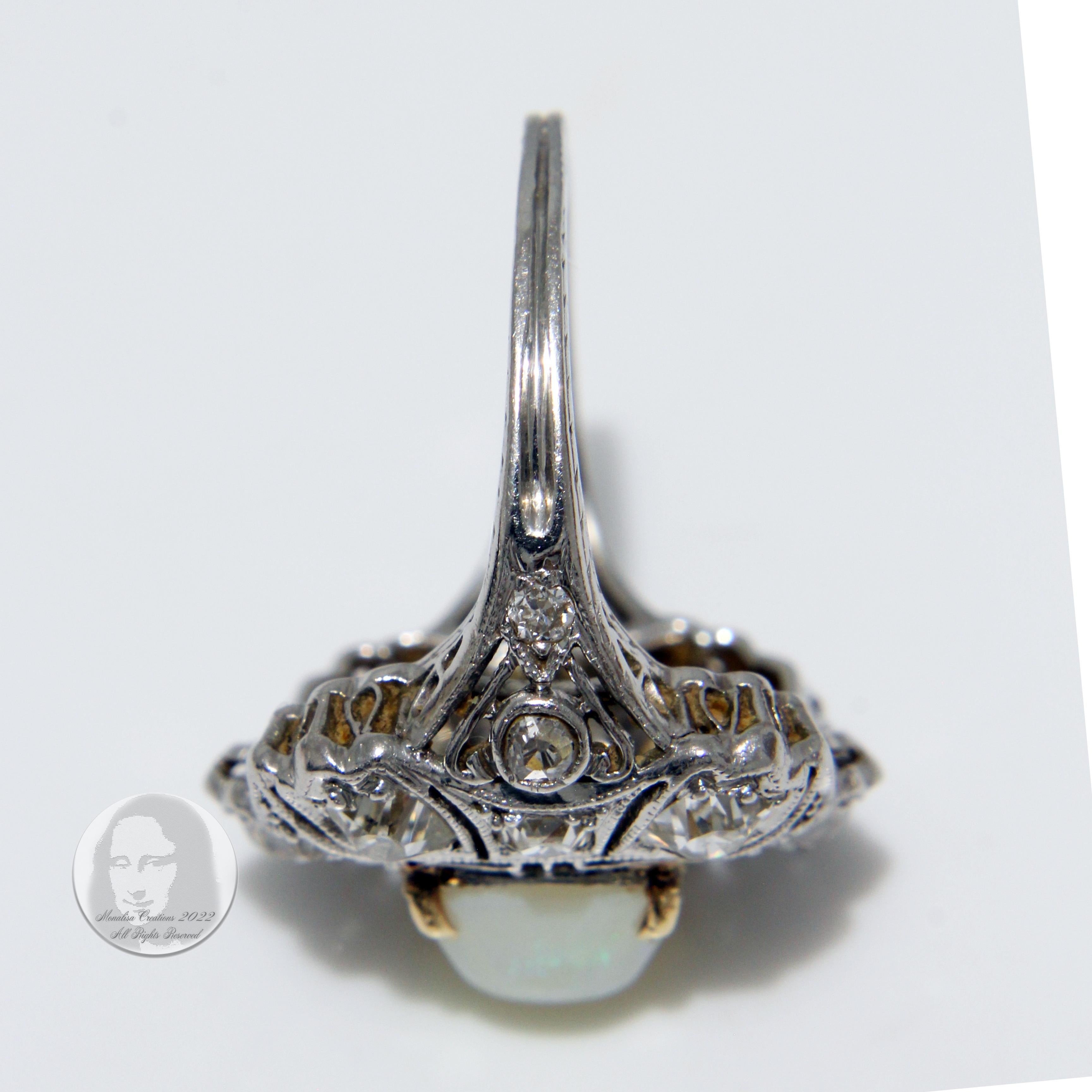 Opal and Diamond Cocktail Ring Art Deco Style Vintage Platinum Rare Early 20th C For Sale 8